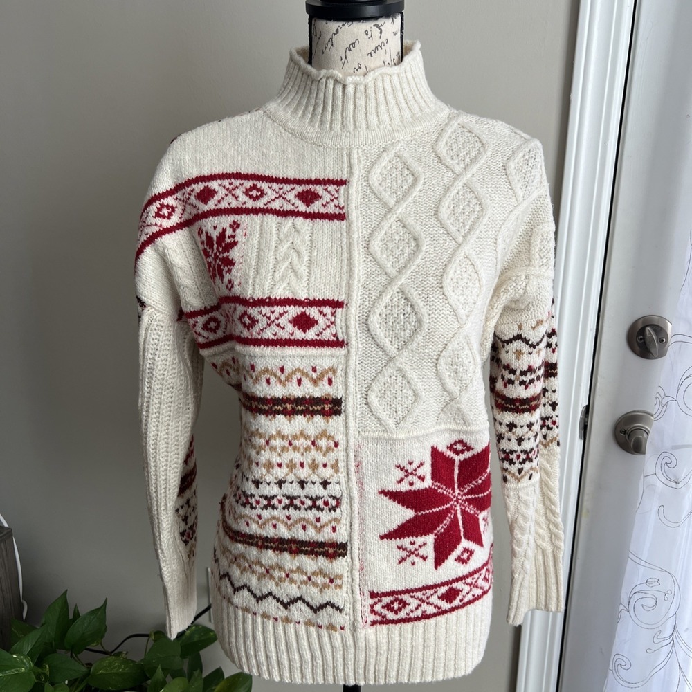 American Eagle Sweater Chunky Fair Isle Sweater XS Cream Red Multi Nordic Scandi